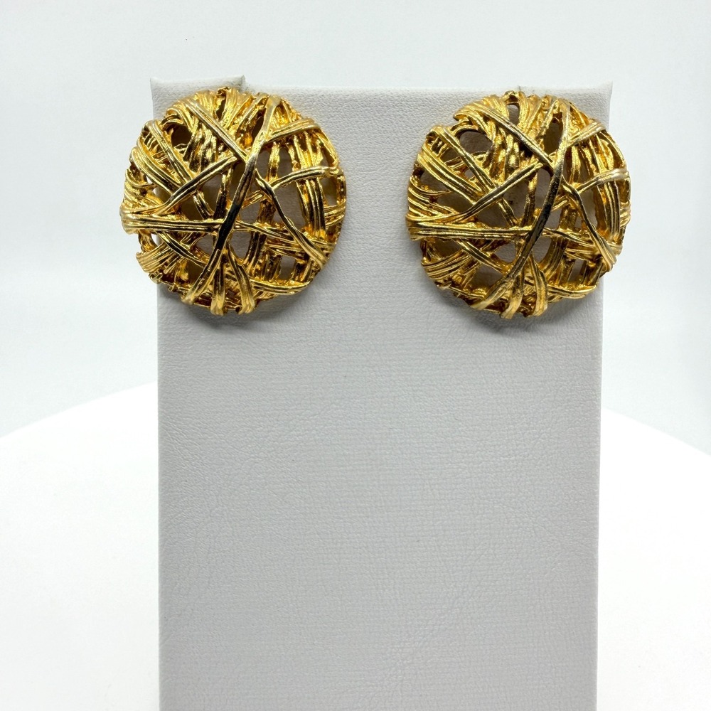 Gold Tone Statement Stud Earrings Abstract Woven Texture Modern Designer Style